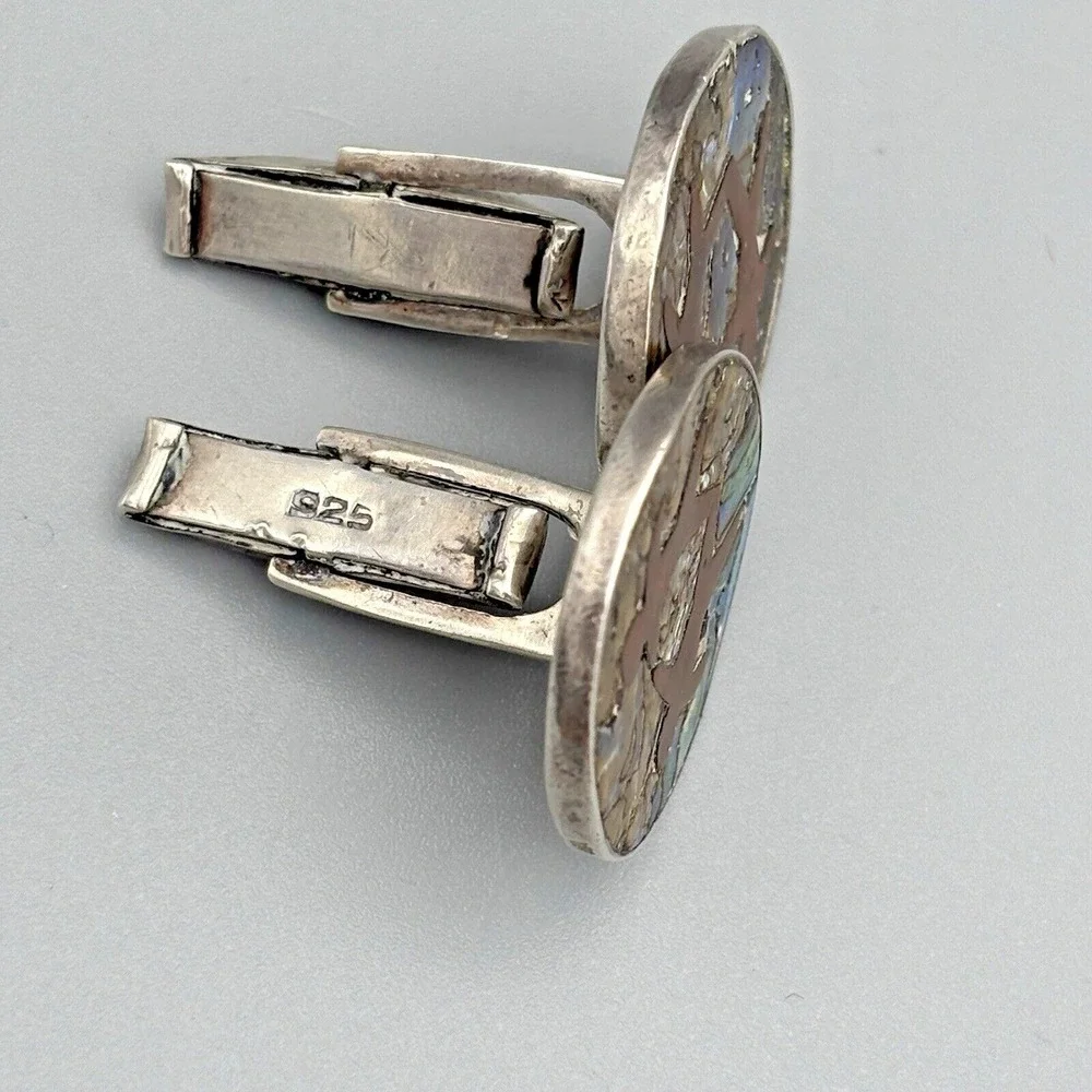 Vintage Sterling Silver Cufflinks Artisan Abalone Copper Figural Copper Taxco